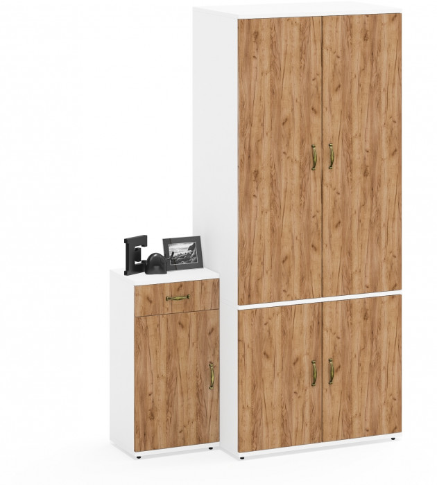 Лидер-8 Шкаф МД 19Б + Тумба МД 3.15, цвет белый шагрень/крафт золото, ШхГхВ 120х50х190 см., универсальная сборка