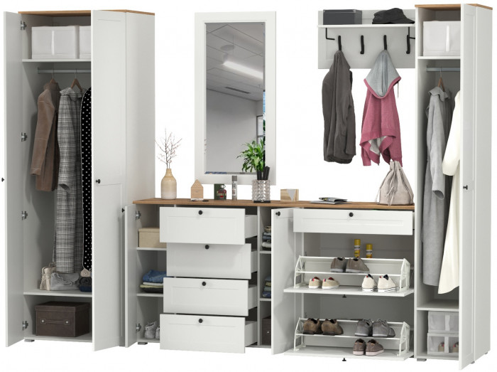 Остин Прихожая 61, цвет белый шагрень/дуб крафт золотой, ШхГхВ 320х54,3х229,6 см., универсальная сборка