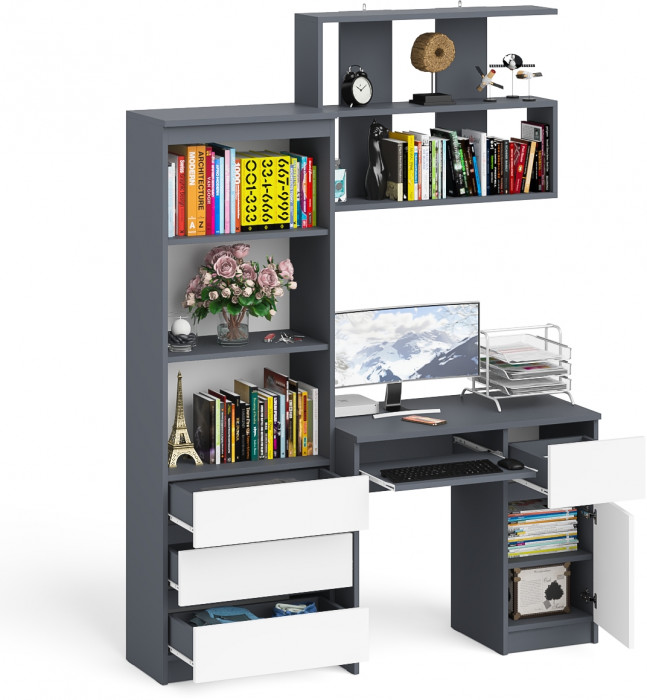 Мори компьютерный стол МС-1 правый + Стеллаж МСТ600.3 + Полка 900, графит/белый