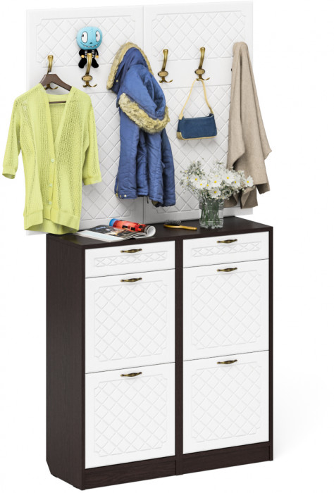 Прихожая П-6 Компоновка № 04, цвет венге/фасады МДФ белое дерево фрезеровка ромб, ШхГхВ 120х35х200 см.