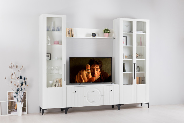 Валенсия Гостиная 16.45 Тумба под ТВ, ЛДСП белый шагрень/МДФ белый шагрень