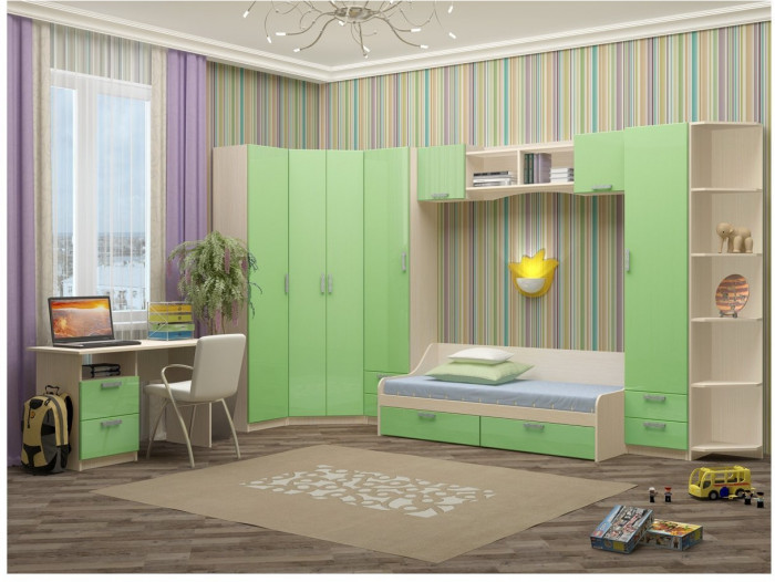 Модульная детская Юниор-7 МДФ (композиция 1) (Ясень шимо светлый, Цитрус глянец)