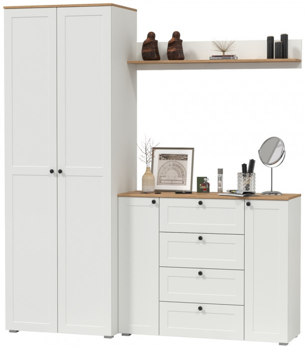 Остин Прихожая 62, цвет белый шагрень/дуб крафт золотой, ШхГхВ 200х54,3х229,6 см., универсальная сборка