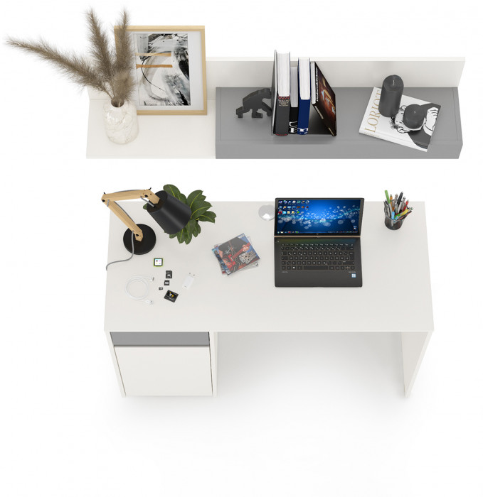 Торонто 12.149 Стол + 16.475 Полка, цвет белый шагрень/стальной серый, ШхГхВ 120х53,1х150 см., универсальная сборка