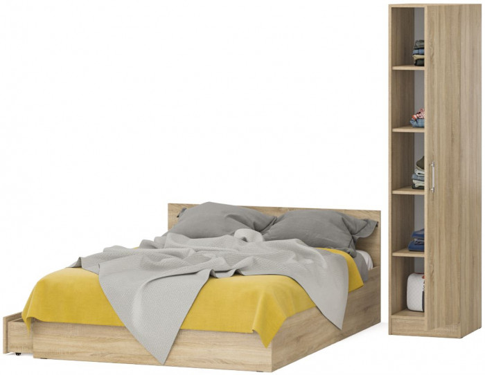 Кровать с ящиками 1400 + Пенал Стандарт, цвет дуб сонома, ШхГхВ 143,5х203,5х70 + 45х52х200 см., сп.м. 1400х2000 мм., без матраса, основание есть