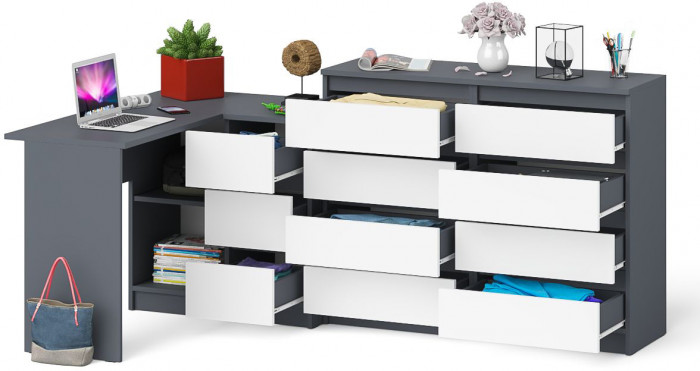 Мори Стол компьютерный МС-16 правый + Комод МК1200.8, цвет графит/белый, ШхГхВ 244,8х84,9х94 см., выдвижные ящики справа, НЕ универсальная сборка