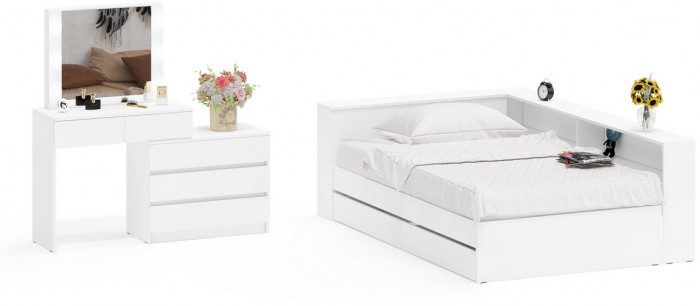 Ксения Кровать с ящиками 1200 + прикроватный блок + Столик с подсветкой 110, белый
