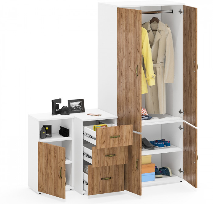 Лидер-8 Шкаф МД 19Б + Тумба МД 3.16 + Тумба МД 3.19, цвет белый шагрень/крафт золото, ШхГхВ 160х50х190 см., универсальная сборка