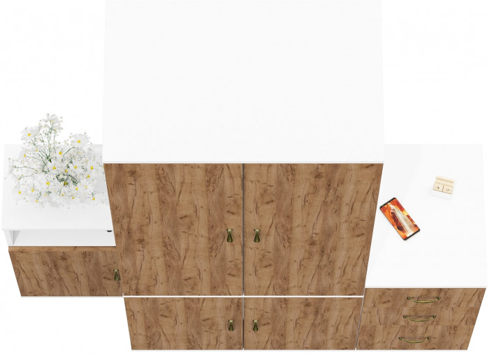 Лидер-8 Шкаф МД 19Б + Тумба МД 3.16 + Тумба МД 3.19, цвет белый шагрень/крафт золото, ШхГхВ 160х50х190 см., универсальная сборка