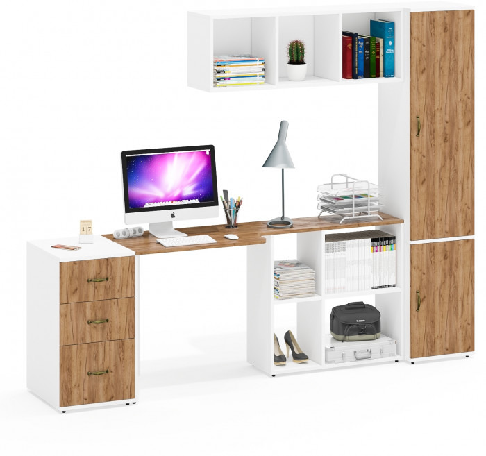 Лидер-8 Стол + Полка + Тумба МД 3.16 + Пенал МД 22Б, цвет белый шагрень/крафт золото, ШхГхВ 245х50/37,5х75/190 или 155х120/50х75/190 см., НЕ ун. сб.