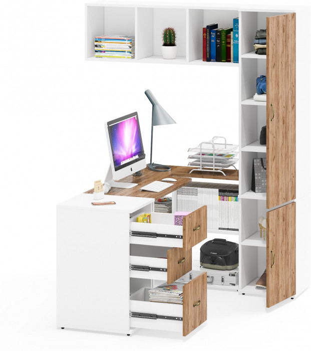 Лидер-8 Стол + Полка + Тумба МД 3.16 + Пенал МД 22Б, цвет белый шагрень/крафт золото, ШхГхВ 245х50/37,5х75/190 или 155х120/50х75/190 см., НЕ ун. сб.