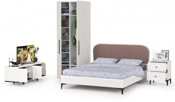 Валенсия Спальня № 36, цвет ЛДСП белый шагрень/чёрный/МДФ белый шагрень/ткань велутто 19, ортопед есть, сп. м. 1600х2000 мм., б/м