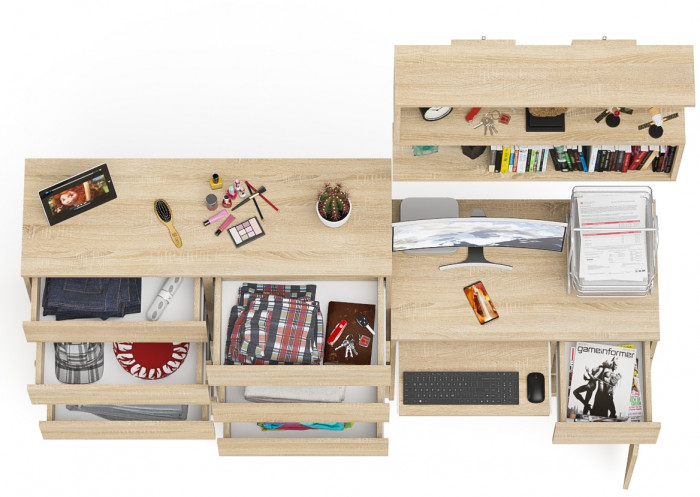 Мори компьютерный стол МС-1 правый + Комод МК1200.10 + Полка 900, дуб сонома