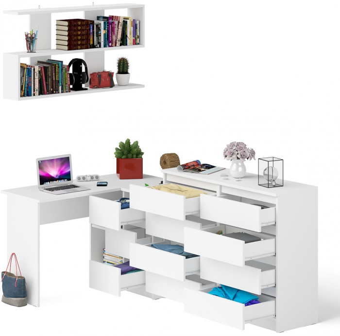Мори компьютерный стол МС-16 правый + Комод МК1200.8 + Полка 1200, белый