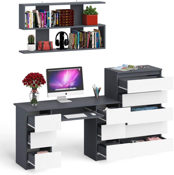 Мори компьютерный стол МС-2 + Комод МК700.5 + Полка 1200, графит/белый