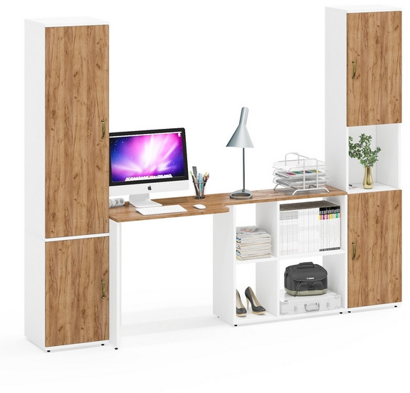 Лидер-8 Пенал МД 22Б + Стол + Пенал, цвет белый шагрень/крафт золото, ШхГхВ 245х50/37,5х75/190 или 155х120/50х75/190 см., НЕ универсальная сборка