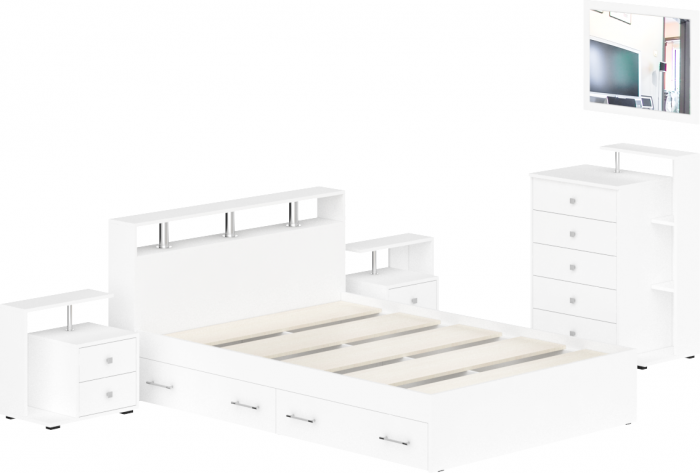 Камелия спальня № 12 Кровать с ящиками 1400 + Две тумбы + Комод + Зеркало, белый