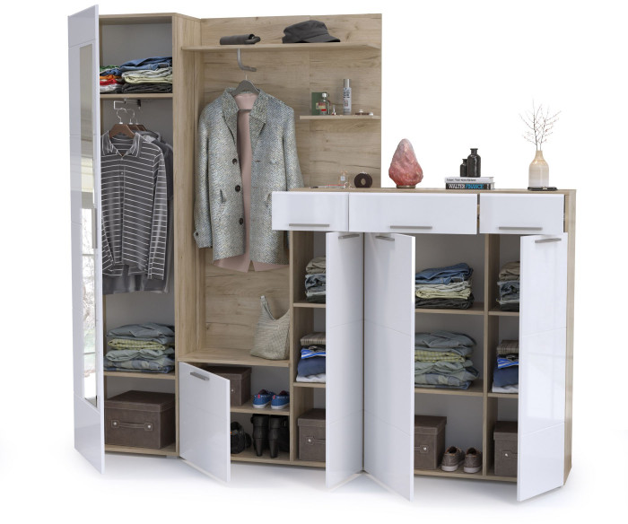 Лайн Прихожая № 10, дуб крафт серый/фасады МДФ белый глянец