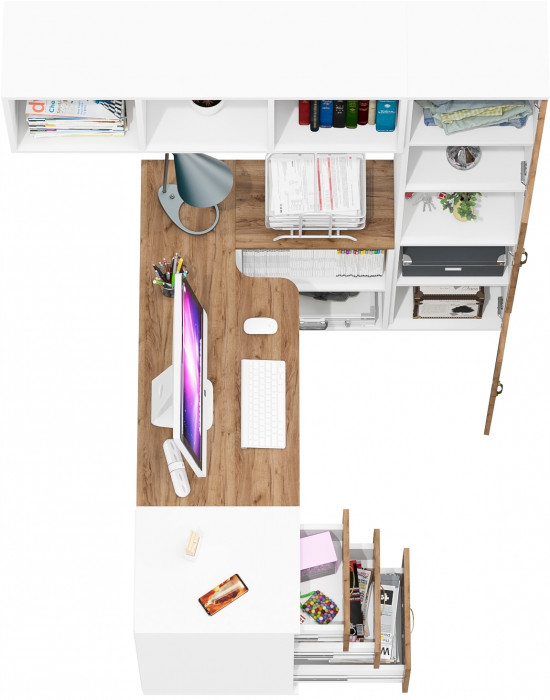 Лидер-8 Стол + Полка + Тумба МД 3.16 + Пенал, цвет белый шагрень/крафт золото, ШхГхВ 245х50/30х75/190 или 120х155/30х75/190 см., НЕ универс. сб.