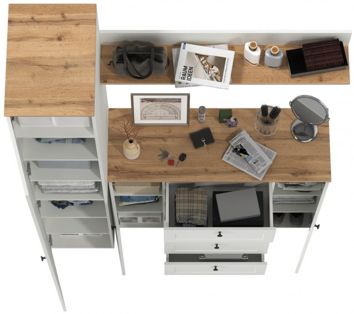 Остин Прихожая 63, цвет белый шагрень/дуб крафт золотой, ШхГхВ 160х54,3х229,6 см., универсальная сборка