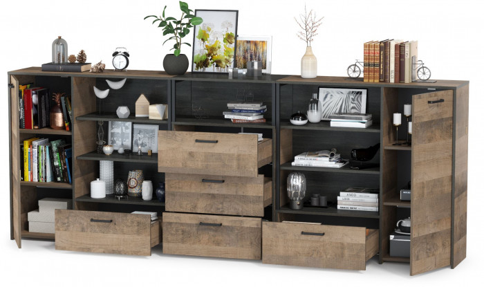 Трувор 13.307.01 Комод + 13.307.02 Комод с ящиками + 13.307.01 Комод, цвет дуб гранж песочный/интра, ШхГхВ 284х37х106,9 см., универсальная сборка