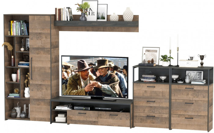 Трувор Гостиная 103, цвет дуб гранж песочный/интра, ШхГхВ 374,8х45,4х194,20 см., универсальная сборка