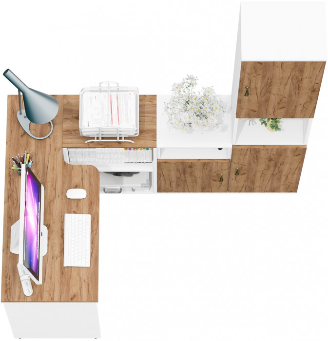 Лидер-8 Стол + Тумба МД 3.19 + Пенал, цвет белый шагрень/крафт золото, ШхГхВ 245х50/30х75/190 см. или 115х50/160х75/190 см., НЕ универсальная сборка