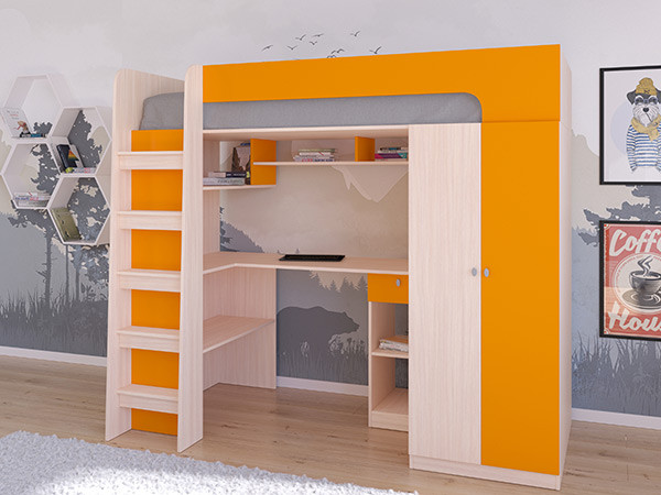 Кровать чердак Астра 10 Дуб молочный/Оранжевый