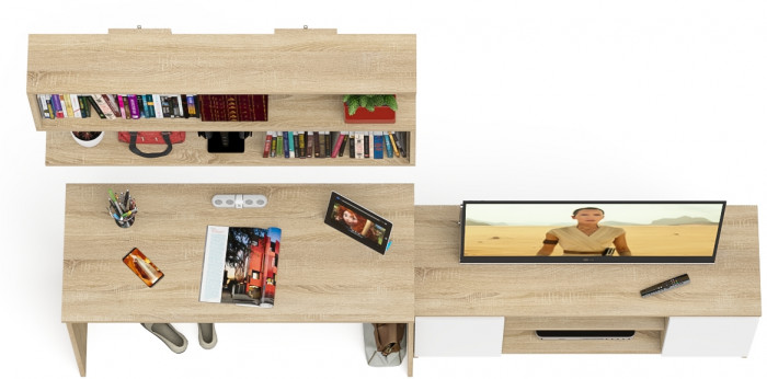 Мори Стол письменный МСП1200.1 + Тумба МТВ1200.1 + Полка 1200, цвет дуб сонома/белый, ШхГхВ 240,8х50х209,6 см., универсальная сборка