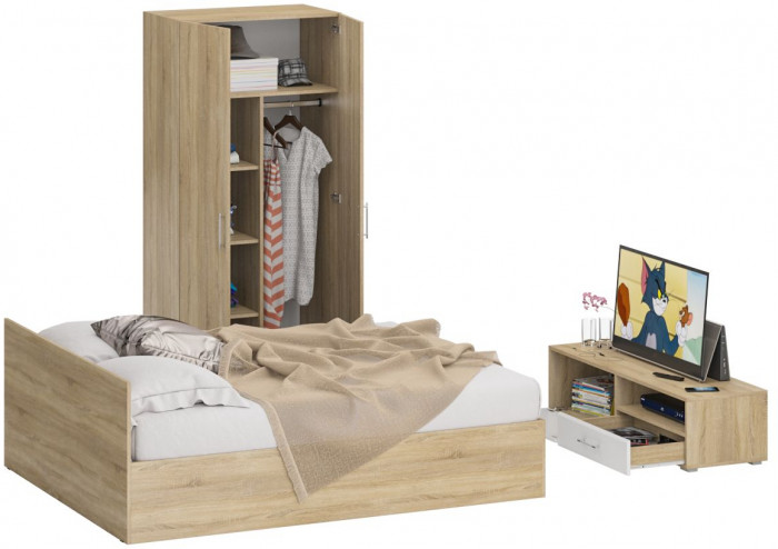 Спальня Стандарт 3-1600, дуб сонома/фасады ТВ тумбы МДФ белый глянец