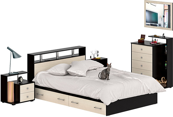 Камелия спальня № 12 Кровать с ящиками 1400 + Две тумбы + Комод + Зеркало, венге/дуб лоредо