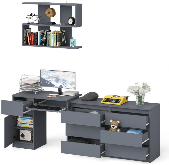 Мори Стол компьютерный МС-1 левый + Комод МК1200.6 + Полка 900, цвет графит, ШхГхВ 210,4х50х209,6 см., НЕ универсальная сборка