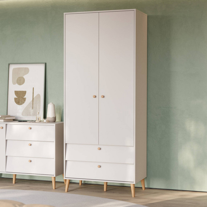 Афина Спальня 4-75901М1к.с. Шкаф 2-х дверный с двумя ящиками, цвет кашемир серый, ШхГхВ 90,3х56,3х220 см., цвет ножек: тик