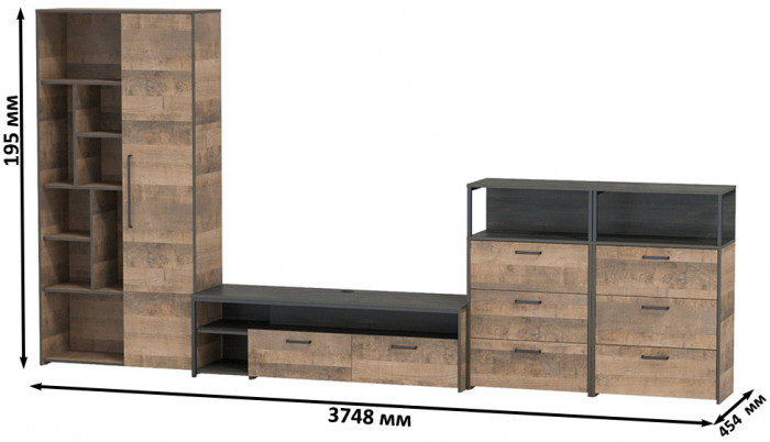 Трувор Гостиная 104, цвет дуб гранж песочный/интра, ШхГхВ 374,8х45,4х195 см., универсальная сборка