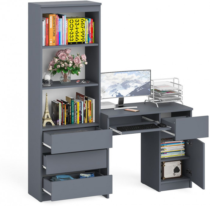 Мори компьютерный стол МС-1 правый + Стеллаж МСТ600.3, графит