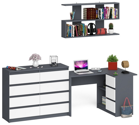 Мори компьютерный стол МС-16 правый + Комод МК1200.8 + Полка 1200, графит/белый
