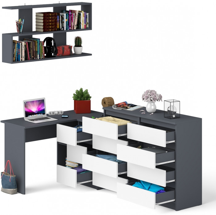 Мори компьютерный стол МС-16 правый + Комод МК1200.8 + Полка 1200, графит/белый