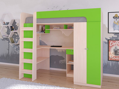 Кровать чердак Астра 10 Дуб молочный/Салатовый