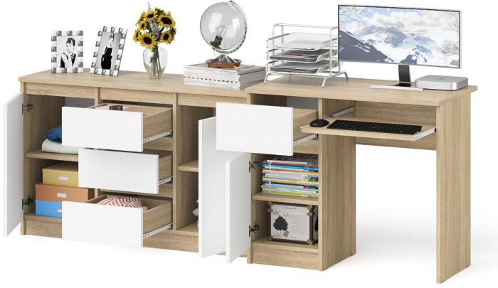 Мори компьютерный стол МС-1 левый + Комод МК1200.3, дуб сонома/белый
