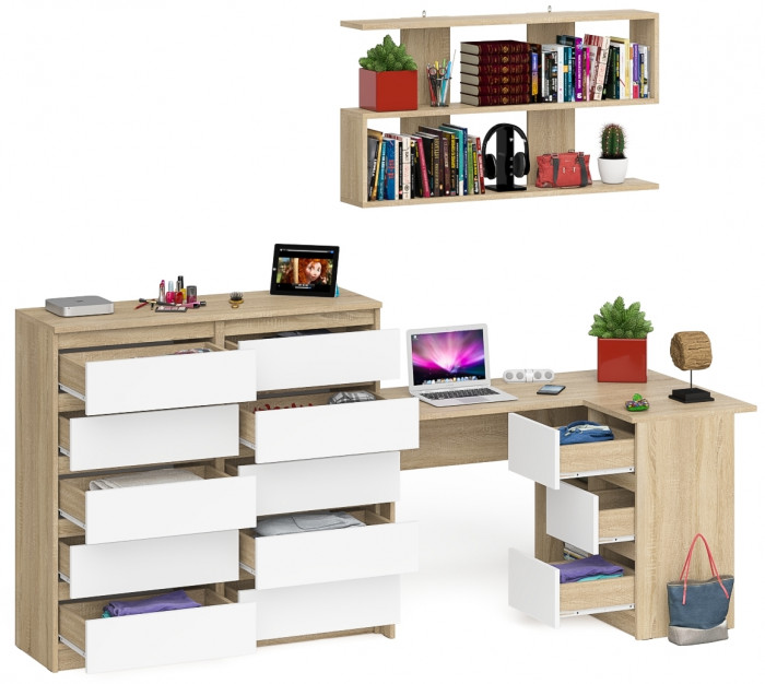Мори компьютерный стол МС-16 правый + Комод МК1200.10 + Полка 1200, дуб сонома/белый