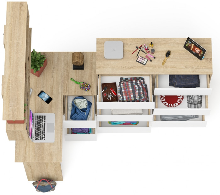 Мори компьютерный стол МС-16 правый + Комод МК1200.10 + Полка 1200, дуб сонома/белый