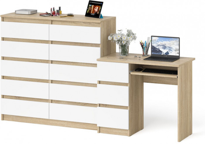 Мори компьютерный стол МС-6 левый + Комод МК1200.10, дуб сонома/белый