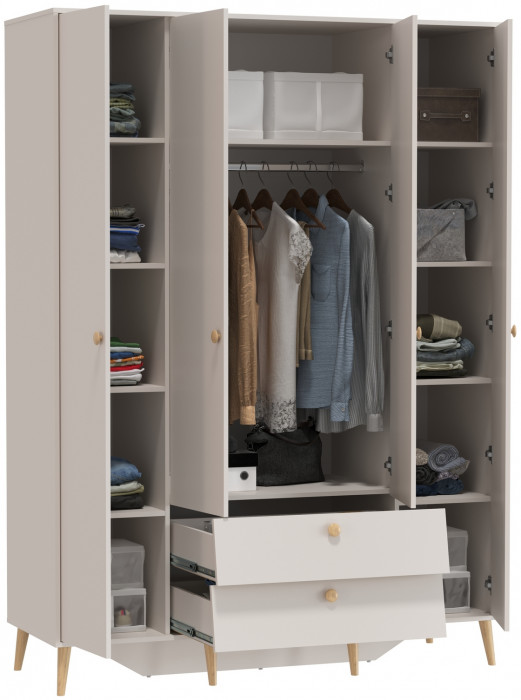 Афина Спальня 4-75930М1к.с. Шкаф 4-х дверный с двумя ящиками, цвет кашемир серый, ШхГхВ 160х56,3х220 см., цвет ножек: тик