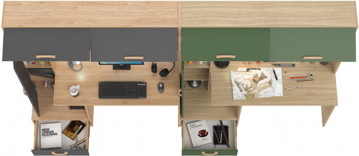 Два Стола письменных Лайт 03.243Н, цвет гикори рокфорд натуральный/тёмно-серый/плэйн/дымчатый зелёный, ШхГхВ 300,4х57,3х179,9 см., НЕ универс. сборка