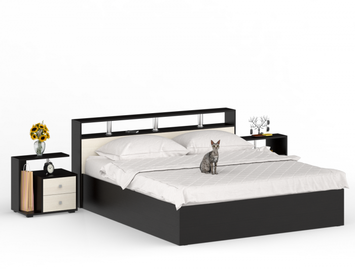 Камелия Кровать 1800 + две тумбы, цвет венге/дуб лоредо, ШхГхВ 296х217х78,2 см., сп.м. 1800х2000 мм., без матраса, основание есть