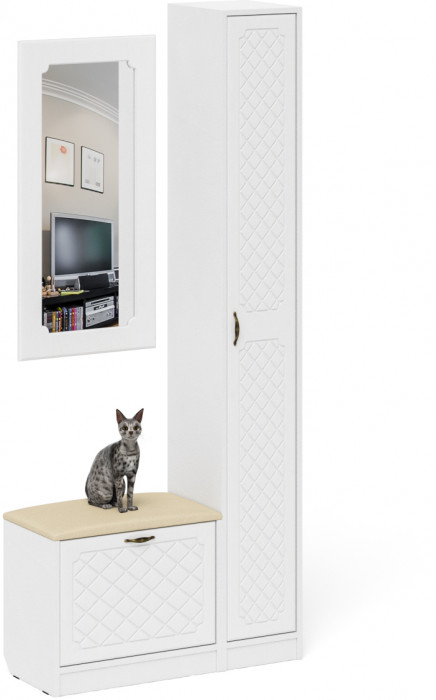 Прихожая П-6 Компоновка № 20, белая шагрень/фасады МДФ белое дерево фрезеровка ромб