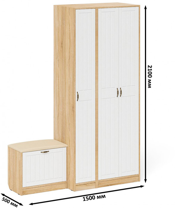 Прихожая П-6 Компоновка № 45, цвет дуб сонома/фасады МДФ белое дерево фрезеровка прованс, ШхГхВ 150х50х210 см., универсальная сборка