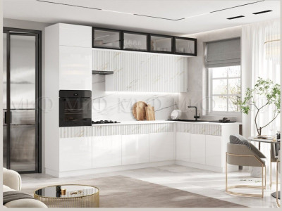 Кухня МДФ Оливия New 3000х1800 (Белый глянец / Мрамор золото, Белый)