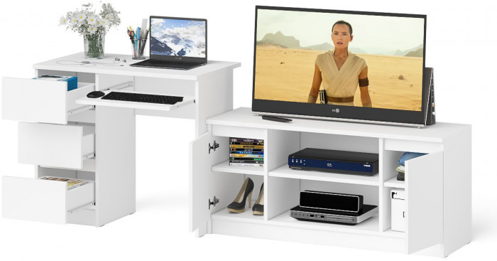 Мори Стол компьютерный МС-6 левый + Тумба МТВ1200.1, цвет белый, ШхГхВ 210,4х50х76,6 см., выдвижные ящики слева, НЕ универсальная сборка