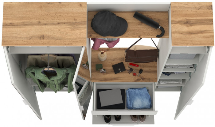 Октава Прихожая 15-123Н, цвет белый шагрень/дуб крафт золотой/фасады МДФ белый шагрень, ШхГхВ 161,5х35,4х197,6 см., универсальная сборка